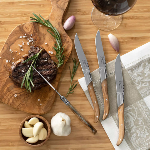 French Home Laguiole Connoisseur Steak Knives with Olivewood Handles, Set of 4