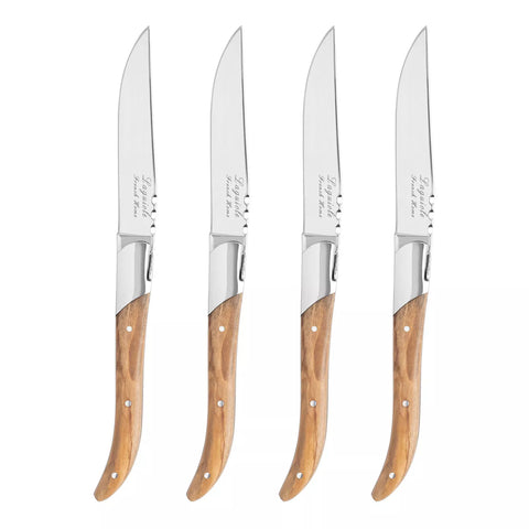French Home Laguiole Connoisseur Steak Knives with Olivewood Handles, Set of 4