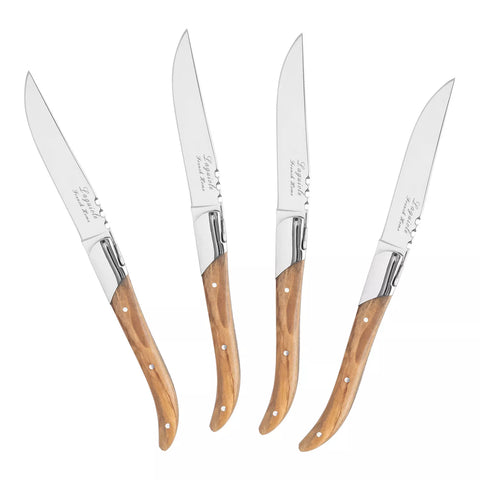 French Home Laguiole Connoisseur Steak Knives with Olivewood Handles, Set of 4