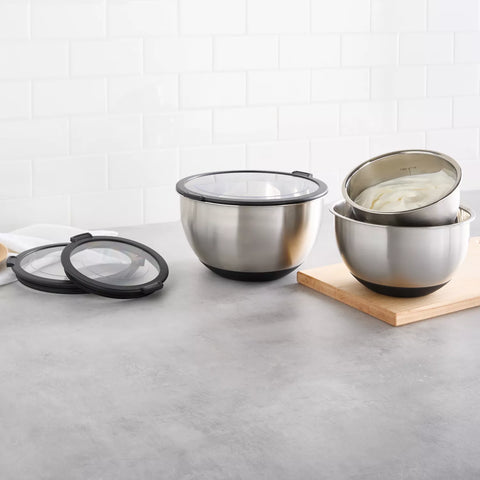 Sur La Table Stainless Steel Non-Skid Mixing Bowls with Lids, Set of 3