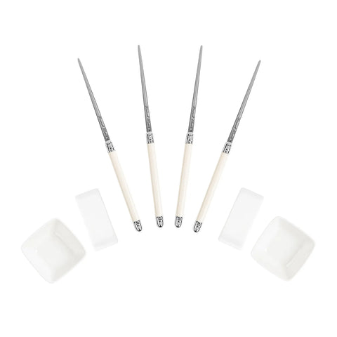 French Home Chopsticks with Faux Ivory Handles, Ceramic Rests & Sauce Bowls, Set of 2