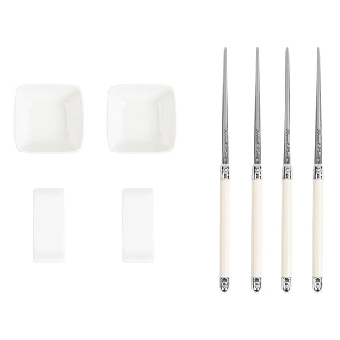 French Home Chopsticks with Faux Ivory Handles, Ceramic Rests & Sauce Bowls, Set of 2