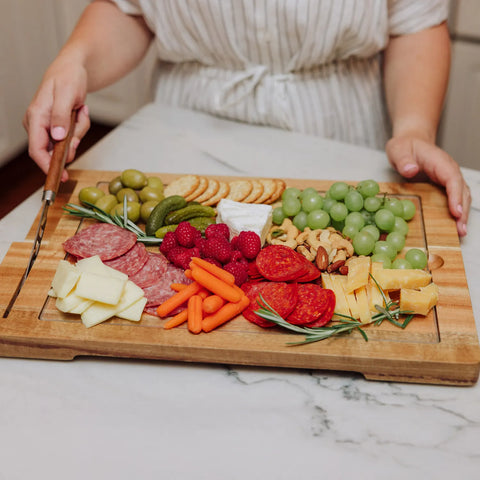 Picnic Time Ventana Tempered Glass & Acacia Wood Cheese Board & Knife Set