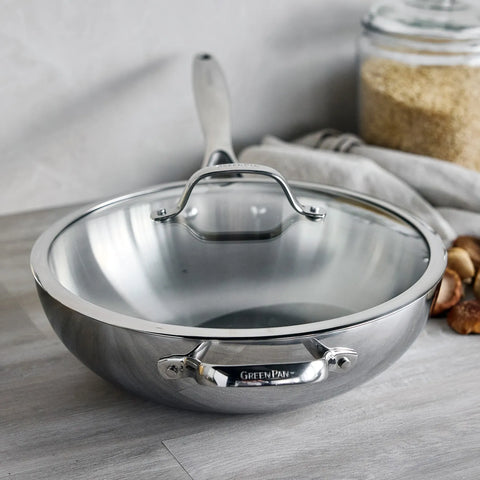 GreenPan Valencia Pro 3-Ply Stainless Steel Wok with Lid, 12"